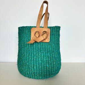 Vintage Vibrant Teal Kenya Sisal Tote Bag with Leather Handles